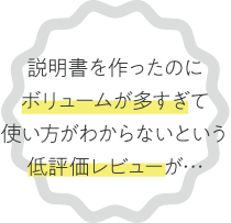 説明書を作ったのに ボリュームが多すぎて 使い方がわからないという 低評価レビューが…